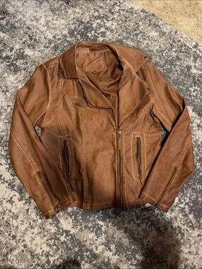 Max Studio women’s Tan Brown Leather Bomber Jacket